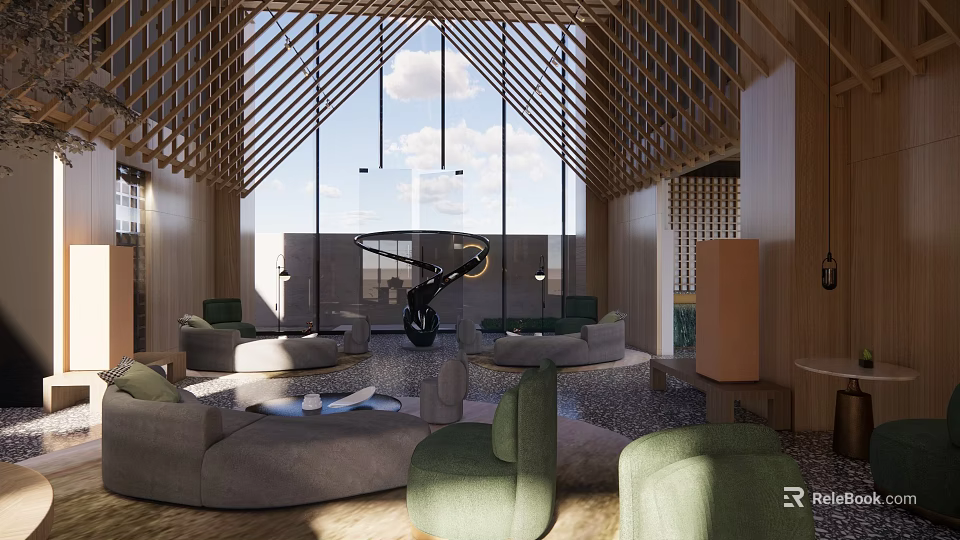 Modern Hotel Lobby With Wooden Roof Large Windows Natural Light And Green Comfortable Seating 3d model 