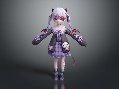 Game Movie Character With Pink Twin Tails Red Horns Demon Wings And Plaid Skirt 3d model