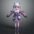 Game Movie Character With Pink Twin Tails Red Horns Demon Wings And Plaid Skirt
