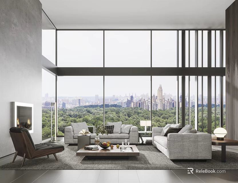 Modern Living Room Interior With Large Windows City Park View Sofas Coffee Table And Armchair 3d model 