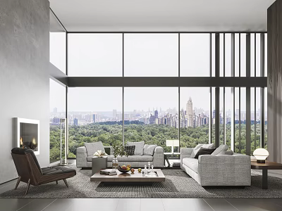 Modern Living Room Interior With Large Windows City Park View Sofas Coffee Table And Armchair 3d model