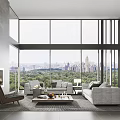 Modern Living Room Interior With Large Windows City Park View Sofas Coffee Table And Armchair