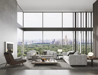 Modern Living Room Interior With Large Windows City Park View Sofas Coffee Table And Armchair 3d model