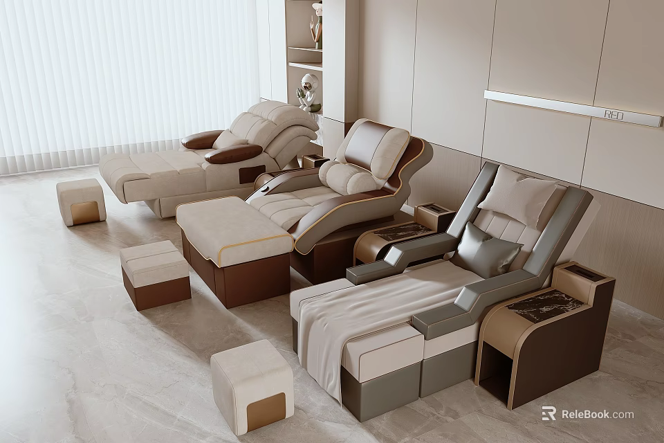 Modern Massage Beds Featuring Ergonomic Design And Soft Padding With Side Stools In Spa Room 3d model