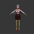Woman Wearing White Shirt Brown Skirt Teal Long Hair Red High Heels Arms Outstretched