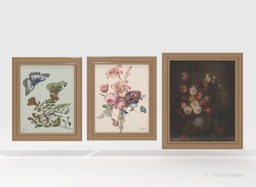 Three Framed Botanical Artworks Featuring Butterfly Flower Bouquet And Flowers In Vase 3d model 