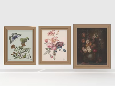 Three Framed Botanical Artworks Featuring Butterfly Flower Bouquet And Flowers In Vase 3d model