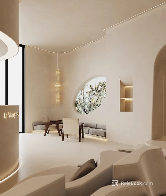 Modern Store Front Desk Featuring Curved Design Neutral Tones And Hanging Pendant Lights 3d model 