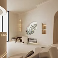 Modern Store Front Desk Featuring Curved Design Neutral Tones And Hanging Pendant Lights