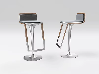 Modern Bar Stools With Metal Base Wooden Armrests And Gray Seat 3d model