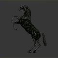 Black Metal Horse Sculpture Rear Legs Standing Front Legs Raised Against Gray Background With Reflection