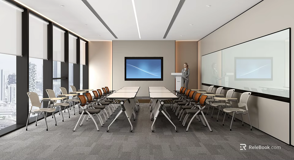 Modern Conference Room With Long Table Chairs Podium Large Screen And Windows 3d model
