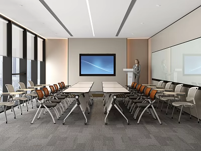 Modern Conference Room With Long Table Chairs Podium Large Screen And Windows 3d model