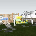 Scenic Campsite With Green Grass Wooden Platform Campfire And People Gathering