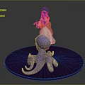 Green Hat Orange Top White Dress Game Movie Character and Purple Octopus Figure on Purple Round Base