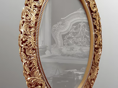 Golden Ornate Oval Mirror With Intricate Carved Frame Reflecting Elegant Bedroom Furniture 3d model