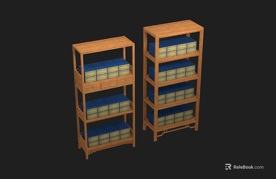 Traditional Wooden Display Shelves With Multiple Tiers And Blue Yellow Storage Boxes 3d model 