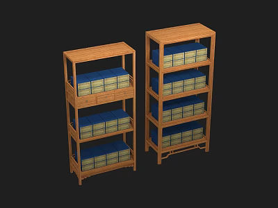 Traditional Wooden Display Shelves With Multiple Tiers And Blue Yellow Storage Boxes 3d model