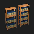 Traditional Wooden Display Shelves With Multiple Tiers And Blue Yellow Storage Boxes