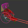 Red Rickshaw With Green Canopy And Three Wheel Structure On Gray Background With Reflection 3d model