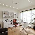 Modern Office Interior Design With Shelves Desk Chairs Blinds Plant Cabinets And Herringbone Floor