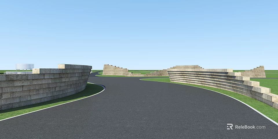 Curved Stone Feature Wall Along Asphalt Road With Green Grassland And Blue Sky 3d model 