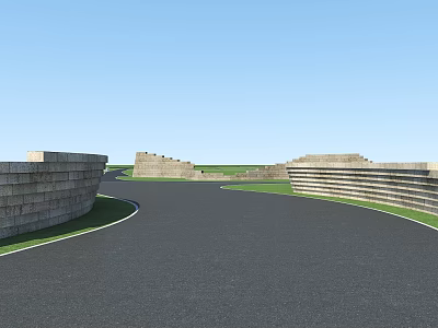 Curved Stone Feature Wall Along Asphalt Road With Green Grassland And Blue Sky 3d model
