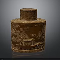Intricately Carved Brown Container With Landscape Scenery Buildings Detailed Lid And Traditional Artwork