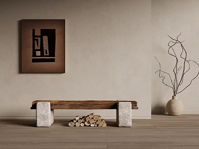 Wooden Bench With Stone Legs And Firewood Logs Vase Dried Branches Abstract Painting Beige Wall 3d model