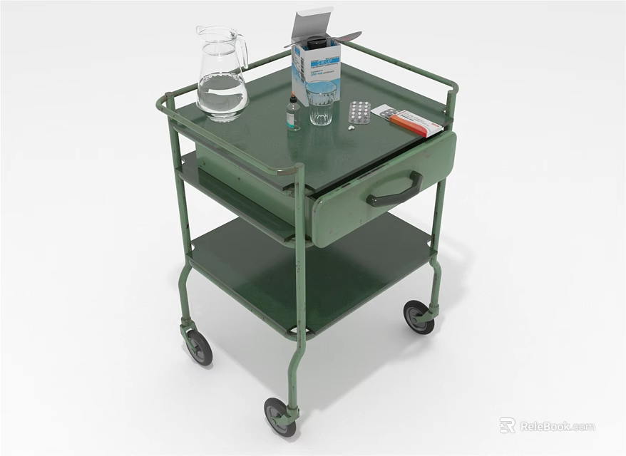Green Mobile Medical Cart With Water Jug Medicine Box And Thermometer 3d model 