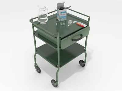 Green Mobile Medical Cart With Water Jug Medicine Box And Thermometer 3d model