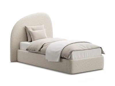 Modern Minimalist Single Bed With Curved Upholstered Headboard Light Beige Pillows And Linens 3d model