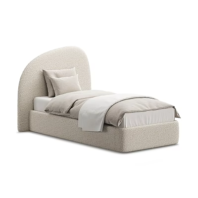 Modern Minimalist Single Bed With Curved Upholstered Headboard Light Beige Pillows And Linens 3d model