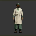 A man in green turban white robe green pants standing against gray background
