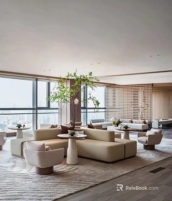 Modern Elegant Lounge Area with Large Windows City View Beige Sofas Green Plant Wooden Screen 3d model 