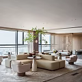 Modern Elegant Lounge Area with Large Windows City View Beige Sofas Green Plant Wooden Screen