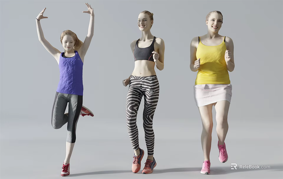 Three Women Exercising In Colorful Athletic Sportswear With Dynamic Fitness Poses 3d model 