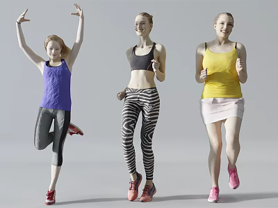 Three Women Exercising In Colorful Athletic Sportswear With Dynamic Fitness Poses 3d model