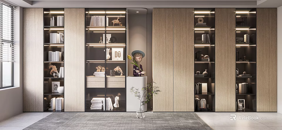 Modern Wooden Bookcase Interior With Glass Doors Books And Decorative Items 3d model 