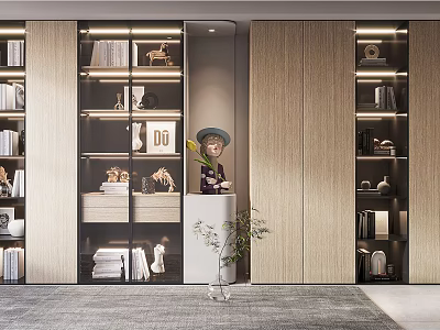 Modern Wooden Bookcase Interior With Glass Doors Books And Decorative Items 3d model