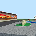 Aerial View Planning of Green Lawn with Curved Path and Wooden Recreational Structure