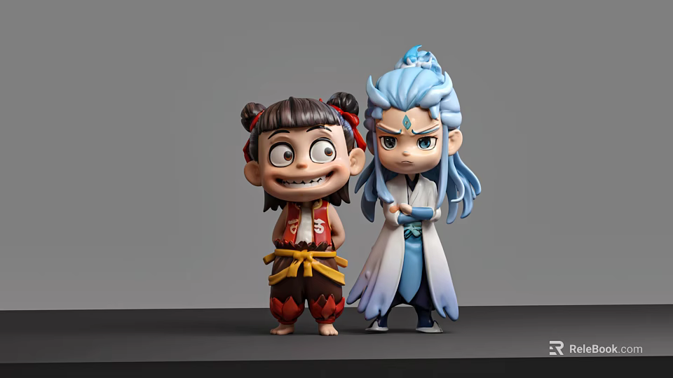 Anime Movie Characters With Double Buns Red Outfit And Blue Hair White Robe 3d model 
