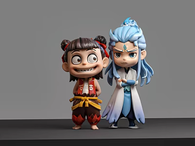 Anime Movie Characters With Double Buns Red Outfit And Blue Hair White Robe 3d model