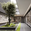 Modern Garden Design with Large Tree Water Fountain Stone Wall and Green Lawn Features