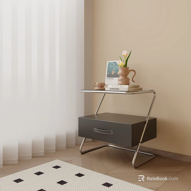Modern Nightstand With Metal Frame Black Drawer Tulips Vase Coffee Cup And Books In Beige Room 3d model 