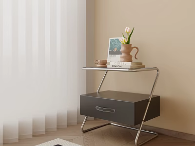 Modern Nightstand With Metal Frame Black Drawer Tulips Vase Coffee Cup And Books In Beige Room 3d model