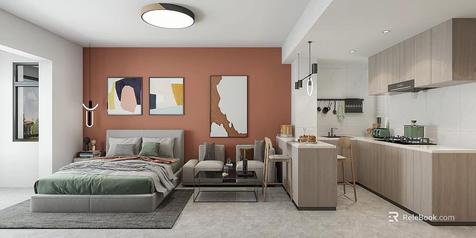 Modern Apartment Interior With Orange Walls Decorative Paintings Bed Sofa Bar Counter And Cabinets 3d model 