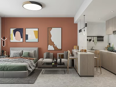 Modern Apartment Interior With Orange Walls Decorative Paintings Bed Sofa Bar Counter And Cabinets 3d model