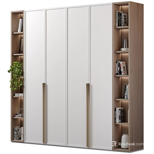 Modern Decorative Cabinet With White Doors Golden Handles Wooden Shelves Books Green Plant And Lighting 3d model 