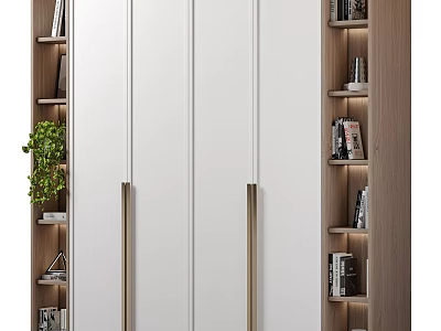 Modern Decorative Cabinet With White Doors Golden Handles Wooden Shelves Books Green Plant And Lighting 3d model